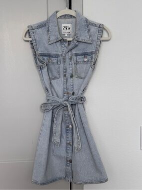 ZARA Light Blue Sleeveless Denim Shirt Dress with Tie